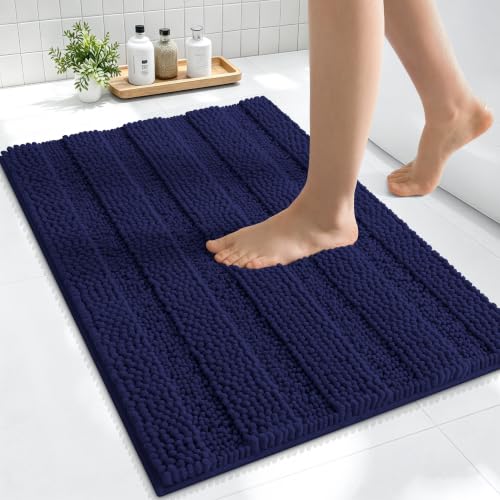 Image of Smiry Thick Small Chenille Bathroom Rugs 24x16, Extra Absorbent Striped Bath Mat, Machine Washable, Rubber Backing, Bath Rugs for Bathroom, Tub & Shower, Home Decor Accessories, Twilight Sapphire