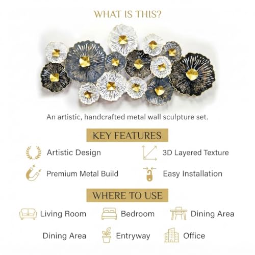 Image of SMILES GIFT Luxury Imported Wall Hanging | Large Abstract Black & White Flower Sculpture - Modern Decor for Home Decor for Living Room & Office (J)