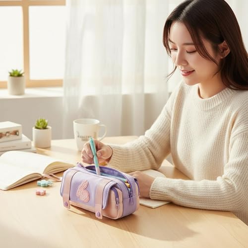 Image of Pencil Cases Large Capacity Pencil Bag Pouch Holder Box for Girls Kids Office Students Organizer School Stationery Supplies (Purple + Pink)