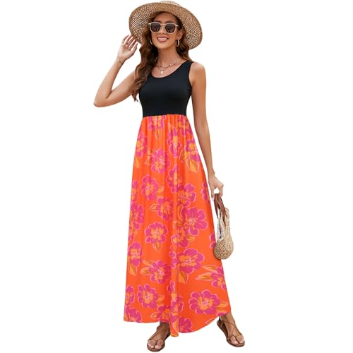 Image of Sherosa Women Boho Chevron Striped Floral Printed Summer Sleeveless Tank Long Maxi Party Dress