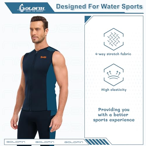 GoldFin Mens Wetsuit Vest, Sleeveless Wet Suits Tops for Men 2mm Front Zip Neoprene Jacket Swimming Diving Surfing Snorkeling Blue Medium
