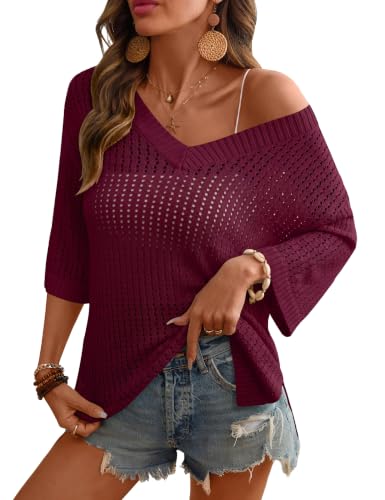 Image of Rapbin Women's Crochet V Neck Beach Cover Up 3 /4 Sleeve Hollow Out Knitted Pullover Sweater