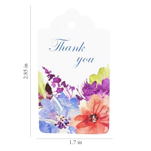 Image of CVANU Floral Thank You Gift Tags (Set of 100), Elegant Flower Design (D13) Hanging Tags with Gold String for Wedding Return Gifts & Small Business Packaging (2.85 x 1.7 Inch)
