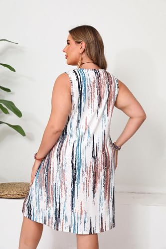 Image of Women Plus Size V Neck Sleeveless Floral Print Pocket T Shirt Dresses Casual Midi Tank Dress Beach Cover up Sundress (XL-5X)