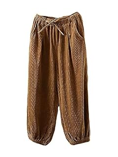 Minibee Womens Casual Cotton Pants Corduroy Drawstring Baggy Tapered Capri Elastic Waist Ankle Trousers with Pockets