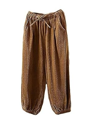 Minibee Womens Casual Cotton Pants Corduroy Drawstring Baggy Tapered Capri Elastic Waist Ankle Trousers with Pockets