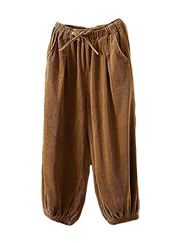 Minibee Womens Casual Cotton Pants Corduroy Drawstring Baggy Tapered Capri Elastic Waist Ankle Trousers with Pockets