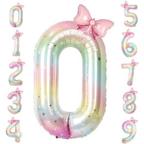 40 Inch Giant Number 0 Balloon Rainbow Foil Mylar Balloon with 3D Pink Bow