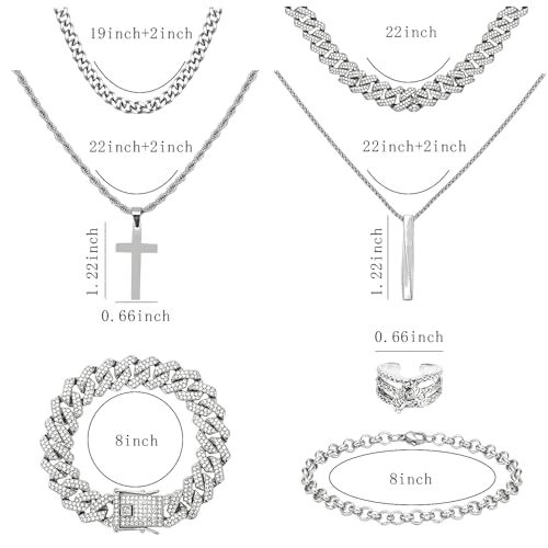 NEWITIN 15 Pieces Silver Jewelry Set for Men Stainless Steel Cuban Link Necklace Bracelet Cross Pendant Necklace Vintage Ring Cuban Jewelry Set for Men Women2