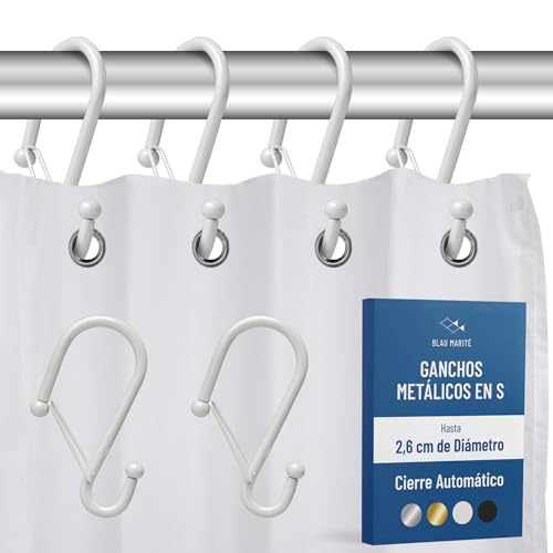 Blau Marité 12 Ganchos Metálicos para Cortina de Ducha en Forma de S con Sistema Anticaída, Anillas para Ducha con Hebilla de Seguridad, Compatibles con Barras de Hasta 2,6 cm de Diámetro (S, Blanco)