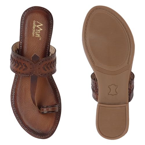 Image of Women's Kolhapuri Chappal Flats | Two-Tone Leatherette Ethnic Sandals with Toe Ring | Comfortable Handcrafted Traditional Slip-On Slippers for Ladies