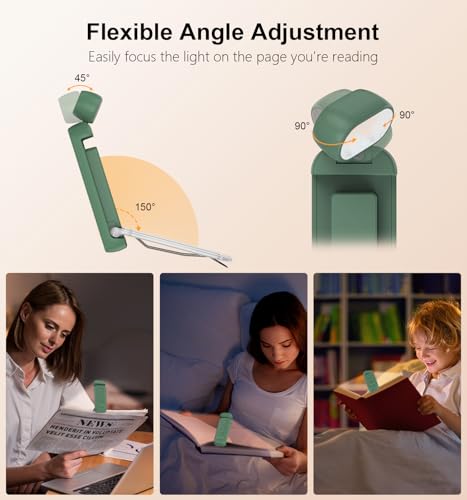 Image of Gritin Reading Light, Rechargeable Book Light for Reading in Bed | Eye Caring 3 Color Temperatures, 5-Level Dimmable Brightness, Long Lasting, Compact Size Clip on Book Lamp-Dark Green