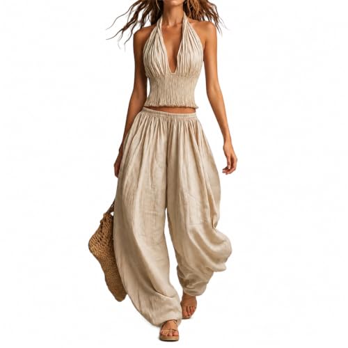 Sarouel femme ensemble 2 pièces coton lin contre la chaleur style ample