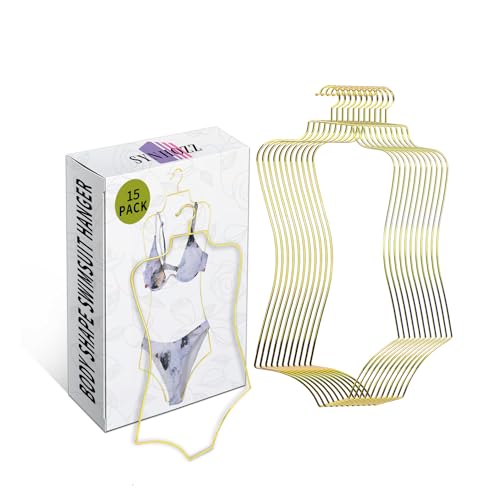 SYNHOZZ Gold Body Shape Display Lingerie Hangers 15 Pack, Sturdy Metal Wire Bikini Swimsuit Hangers for Bra Swimwear Bathing Suit, Mannequin Hanging Rack for Women's Boutique Clothes Coat (Large Size)