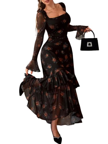 GothDark Womens Western Wedding Guest Dress Brown Orange Floral Small