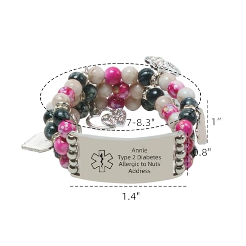 Personalized Medical Alert Bracelet for Women Custom Natural Stone Beads ID Bracelets Cute Pendant, Handmade Adjustable Elastic Wristband2