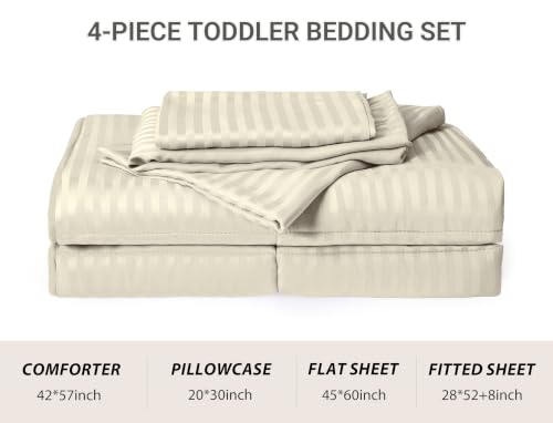 Image of ZPECC Toddler Bedding Set - 4 Piece Hypoallergenic Baby Crib Bedding Set for Boys and Girls, Includes Toddler Comforter, Flat Sheet, Fitted Sheet and Pillowcase, Cream Stripe