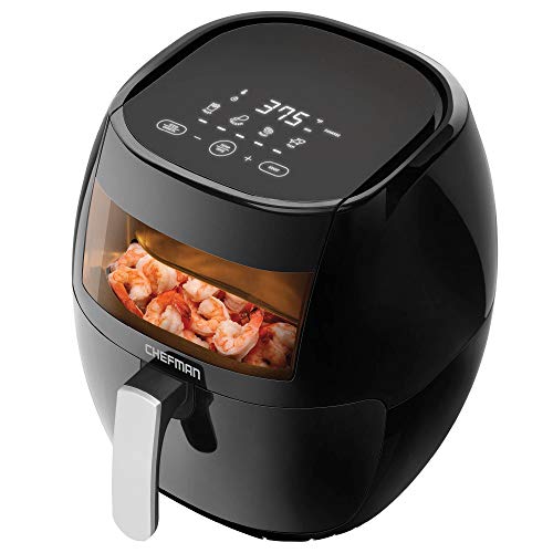Chefman TurboFry Touch 8 Quart Air Fryer in matte black finish on a kitchen counter, the single drawer basket pulled forward with a whole 5-pound chicken visible inside the spacious 8-quart capacity, the XL viewing window in the lid showing the chicken crisping under the heating element, advanced digital touchscreen display on the front, the Chefman logo etched at the top edge — the largest single-basket capacity on this list at the budget-to-mid tier