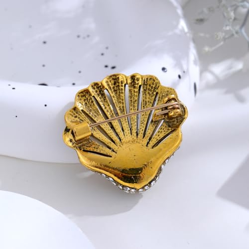 Image of Seashell Brooch Pin White Pearl Crystal Shell Lapel Pin Vintage Clam Shell Badges Women Men Suit Coat Jewelry Chic Dress Sweater Jacket Decors