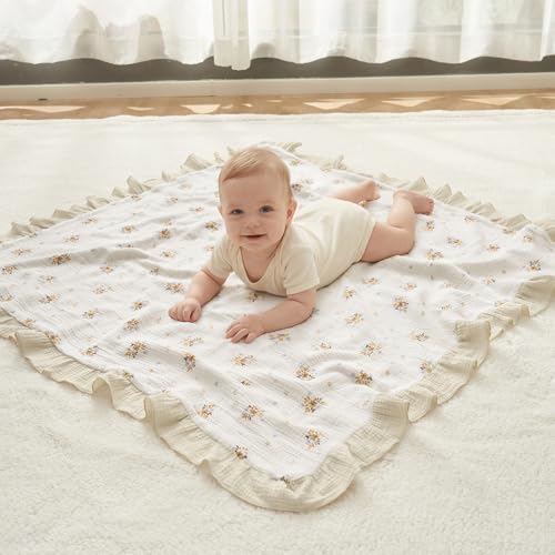Image of david's kids Flounce Muslin Baby Blanket for Girls Boys, 100% Cotton Soft Crib Swaddle Blankets, Reversible & Breathable Nursery Bedding for Newborns Toddlers, 47 x 47 Inches (Little Floral)
