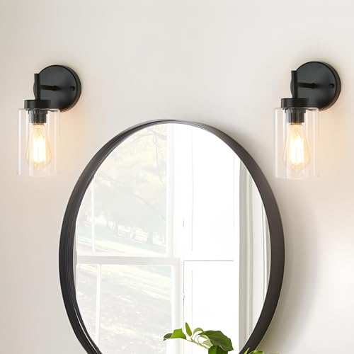 Image of Black Wall Sconces set of two, Modern Bathroom Sconces with Glass Shade | Indoor Wall Lights for Mirror Kitchen Living Room Hallway Cabinet Porch