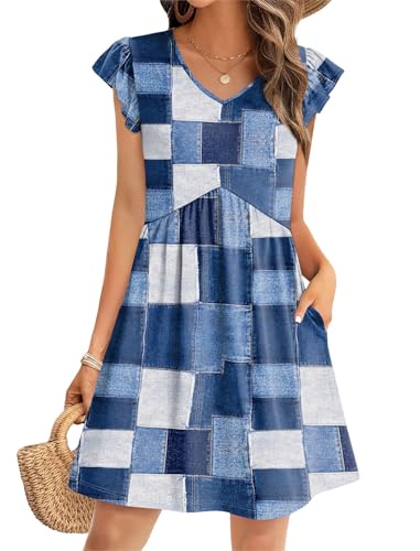 Image of OFEEFAN Summer Dresses for Women Beach Vacation Clothes V Neck Ruffle Sleeve Babydoll Dress Elegant Classy Sundress