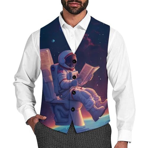 Outeres Spacees Astronaut Men's Suit Vests Business Formal Dress V-Neck Waistcoat Tops with 2 Pockets