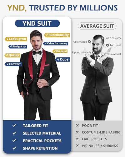YND Men's 3 Piece Tuxedo Set with Bow Tie, Slim Fit One Button Shawl Lapel Suit Blazer Vest Pants, for Wedding Prom Dinners4