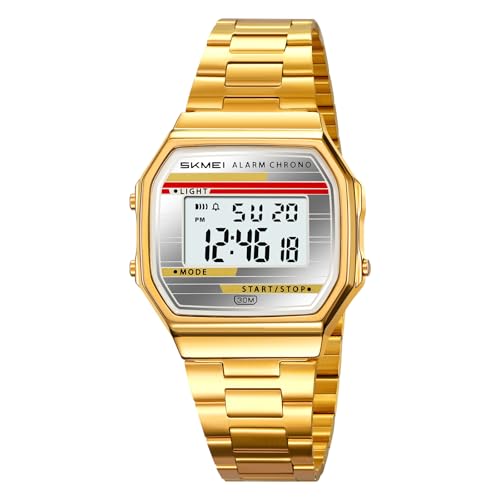 SKMEI Relojes digitales para hombre con relojes de pulsera clásicos impermeables para mujer, relojes deportivos de acero inoxidable de moda, Oro 2514