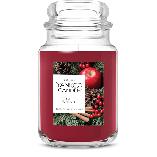 Yankee Candle Large Jar Scented Candle with up to 150 Hour Burn Time, Premium Plant Wax Blend for Consistent Burn, 22 oz Jar Candle with Room Filling Fragrance, Red Apple Wreath
