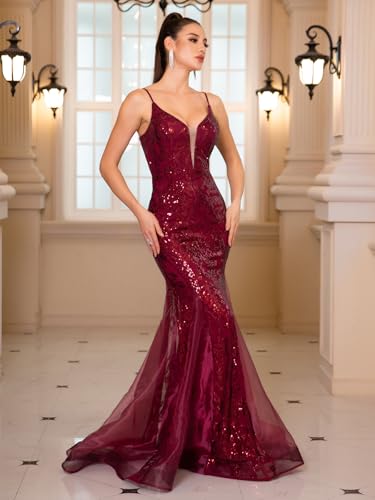 Image of Spaghetti Sequin Formal Dress Tulle Mermaid Floor Length Evening Night Party Gown