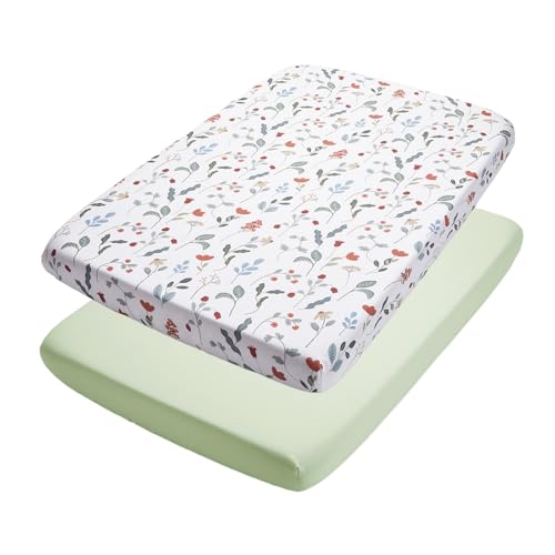 Image of TILLYOU Mini Crib Sheets Fitted 2 Pack, Pack and Play Sheets for Toddler Mattress, Soft and Breathable 38 inchx 24 inch Pack n Play Mattresses Cover, Forest Floral