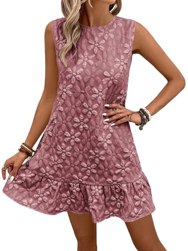Image of SOLY HUX Women's Ruffle Hem Sleeveless Tank Dress Round Neck Casual Jacquard Hem Smock Summer Mini Dresses