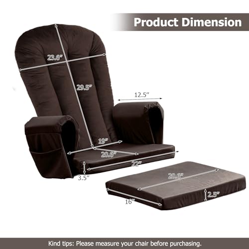 Image of Lucky Monet 5PCS Velvet Glider Rocker Replacement Cushions, Thickened & Supportive Rocking Chair Cushion Set with 29.5 Inch High Backrest & Storage Pockets, for Indoor Nursery Glider, Brown