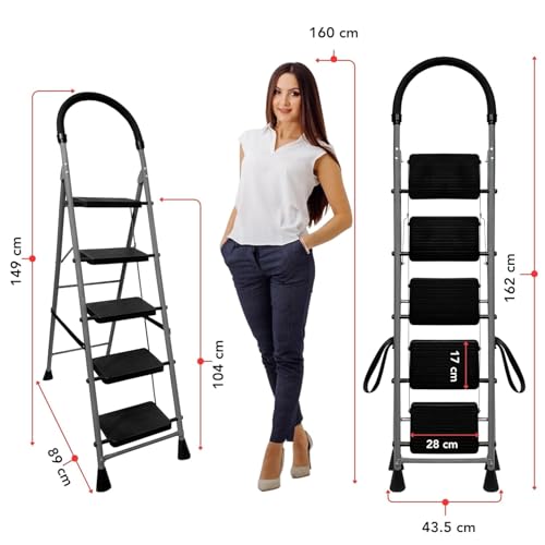 Image of FLIPZON 5 Step Folding Ladder for Home Use | Heavy Duty Steel Step Ladder with Anti-Skid Wide Steps & Soft Grip Handle | Strong, Safe & Durable Ladder for Kitchen, Cleaning & Office (Grey & Black)