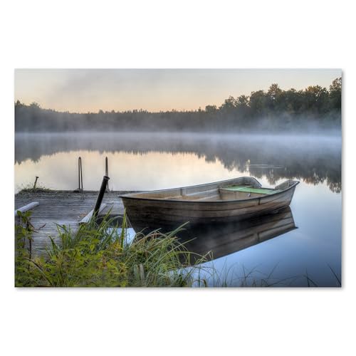 Postereck - 0541 - Petit bateau, ponton en bois, lac, brouillard. Art Mural Impression – Décoration nature, paysage, Poster - Affiche - 4:3 40,0 cm x 30,0 cm
