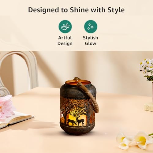 Image of Amazon Brand - Solimo Tea Light Lantern - Round Deer Design, Brown Antique Iron with Gold Interior (Size: L-15 cm x W-15 cm x H-23 cm)