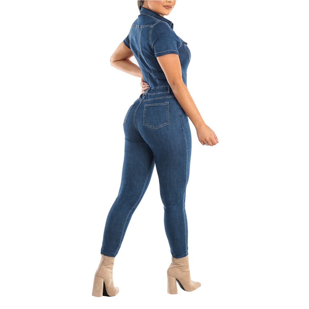 Verano Mono De Una Pieza De Manga Corta Mujer Sexy Largos Jumpsuit Señoras Peto Vaquero Slim Fit Overoles de Mezclilla Pantalones Vaqueros Elegante Stretch Skinny Jeans Denim Petos de Pantalon