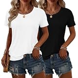 KILISU 2PCS Women Short Sleeve T Shirts Crew Neck Solid Soft Basic Tee Casual Loose Fit Lightweight Summer Tops Clothes 2025 (US, Alpha, Medium, Regular, Regular, White+Black)