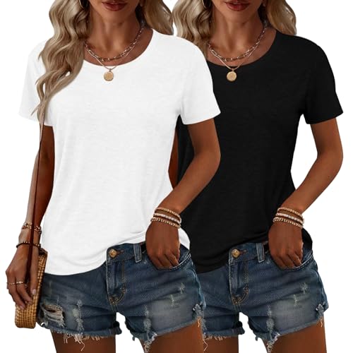 KILISU 2PCS Women Short Sleeve T Shirts Crew Neck Solid Soft Basic Tee Casual Loose Fit Lightweight Summer Tops Clothes 2025 (US, Alpha, Medium, Regular, Regular, White+Black)