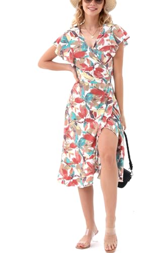 Image of Women's Summer Wrap Maxi Dress Casual Boho Floral V Neck Short Sleeve Ruffle Hem Split Beach Long Dresses