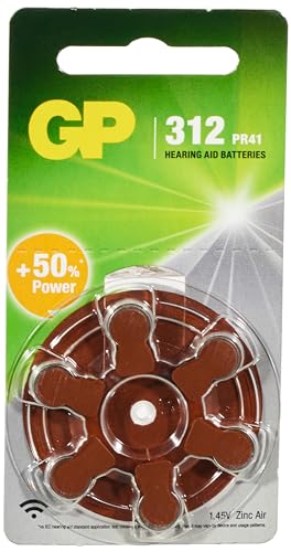 GP Zinc Air Hearing Aid Batteries | ZA312 (PR41) Brown, 1.4V, 125mAh, 3.6x7.9mmØ, 6pcs/pack.