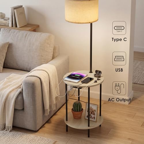 ONEWISH Floor Lamp with Table, USB/Type-C/AC Charging Ports, 9W LED Bulb, Round Table & Nightstand for Bedroom & Living Room (White) by ONEWISH - Image 2