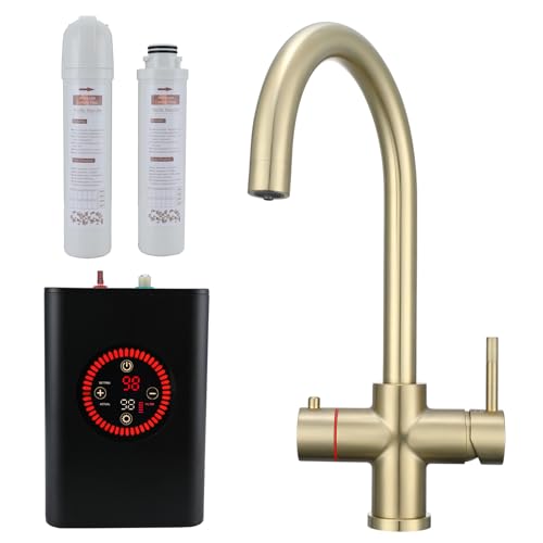4 in 1 Boiling Water Tap Boiling Filtered Cold Main Hot & Cold Instant Hot Water Tap with Boiler Unit and Filter Temperature Adjustable WRAS Approved Burshed Gold