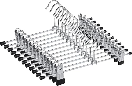 XIAO MO GU Trouser Hangers 10 Pack Skirt Hangers with Adjustment Metal Grip Clips Pant Hangers for Kids Adults Heavy Duty Durable Space Saving Silver Zinc Alloy Plating