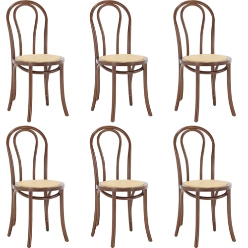 Kmax Vintage Dining Chairs Set of 6, Thonet Soild Wood Rattan Dining Room Chairs Armless French Country Kitchen Chairs for Wedding Hotel Dessert Shop Cafe, Walnut