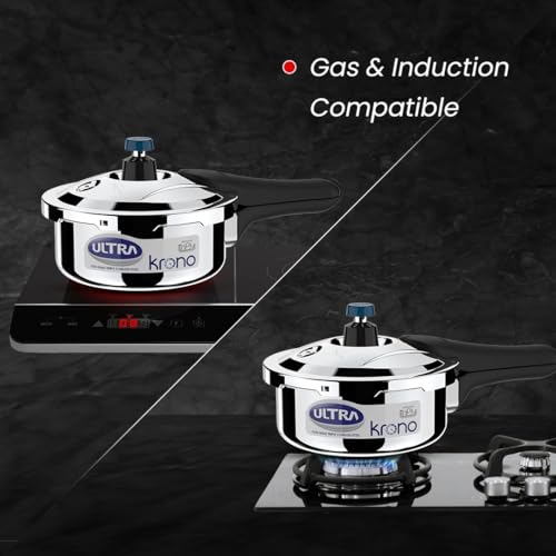 Image of Ultra Triply Krono Pressure Cooker 1.5 Litre | Whistle Counter | Spillage Control | AISI 304 Food Grade Stainless Steel Cooker | 5 Years Warranty, Injection Moulded Handles & Induction Compatible