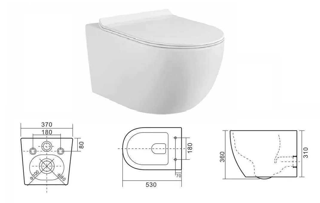 Juego completo de inodoro con asiento sin bordes, elemento de pared empotrable, cisterna de cerámica, color blanco/negro + placa pulsador (SD 1, blanco)