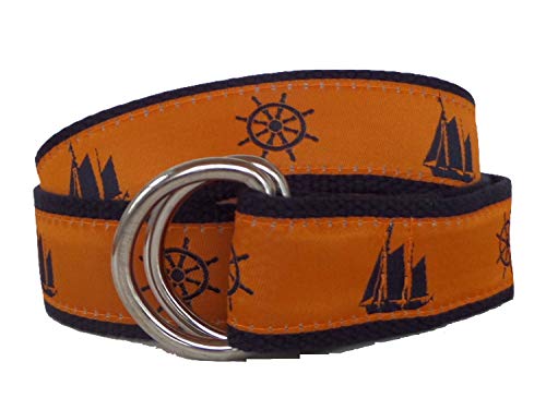Men's Sailboat and Helm Nautical D-Ring Belt, Navy Sailboat and Helm on Orange Ribbon with a Navy Webbing