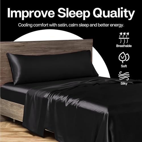 Image of MR&HM Satin Body Pillow Cover, Soft and Breathable Body Pillow Case with Envelope Closure, Cooling and Silky Long Pillowcase for Hair and Skin,Grey (20x54, Black)